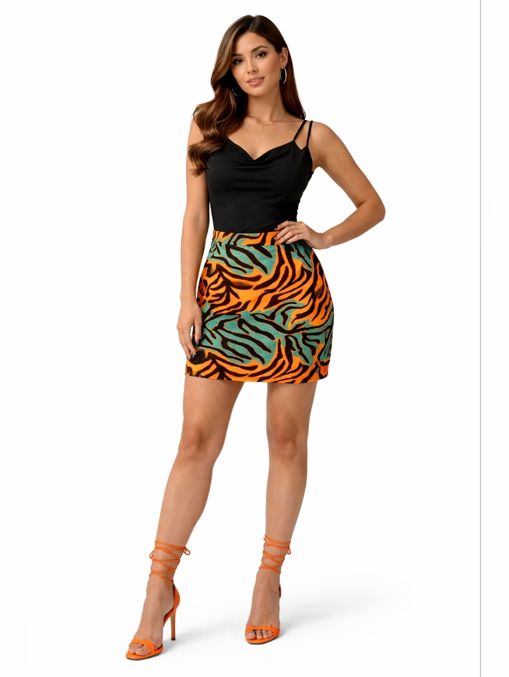 SHEIN Orange & Teal Zebra-Print Mini Skirt